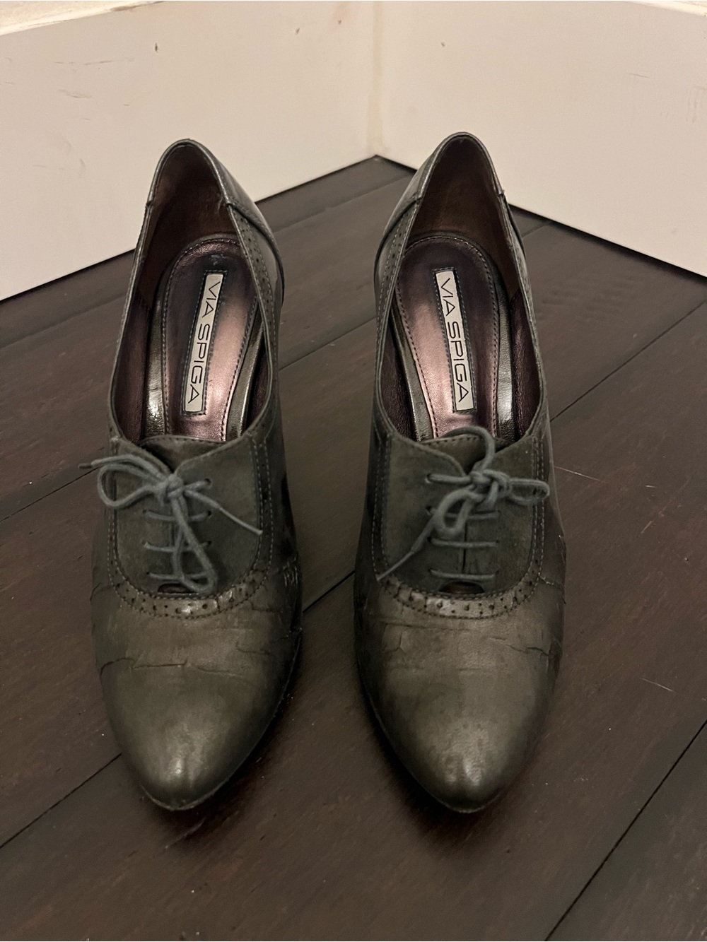 Via Spiga Dark Olive Leather Lace-Up Oxfords